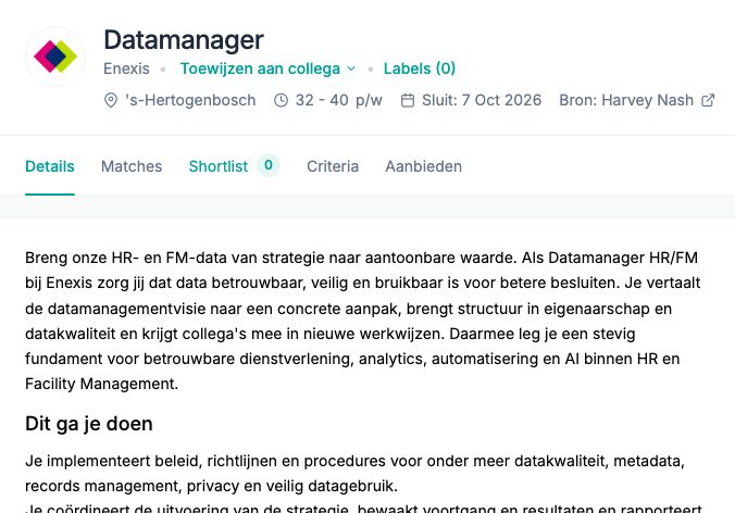 NIXZ Interim: a Datamanager assignment with working hours, closing date and assignment details. Interface shown in Dutch.