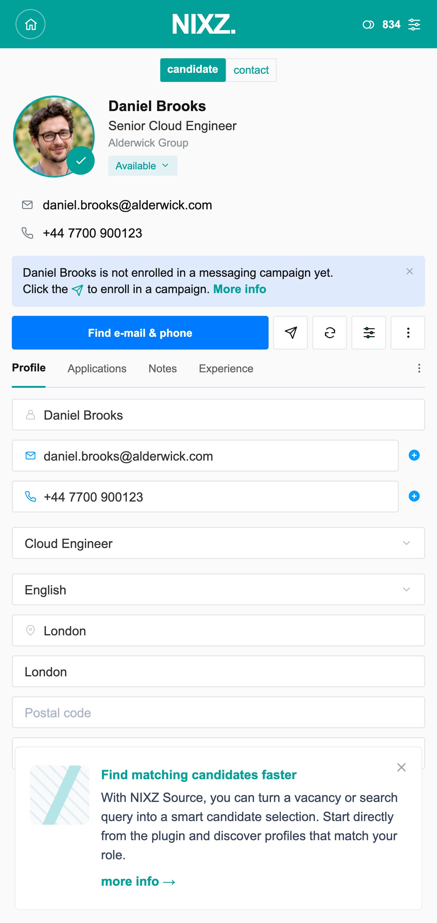 NIXZ Plugin: Daniel Brooks’s fictional profile with contact details, profile fields and contact enrichment.